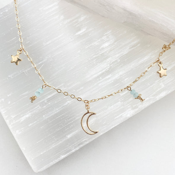 Ellia Dangly Celestial Moon And Star Necklace