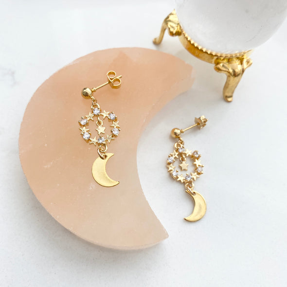 Lorina Sparkly Star And Moon Dangly Earrings