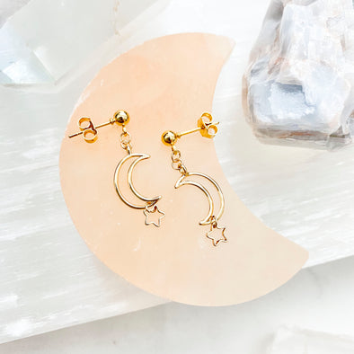Rachelle Crescent Moon And Star Dangle Earrings